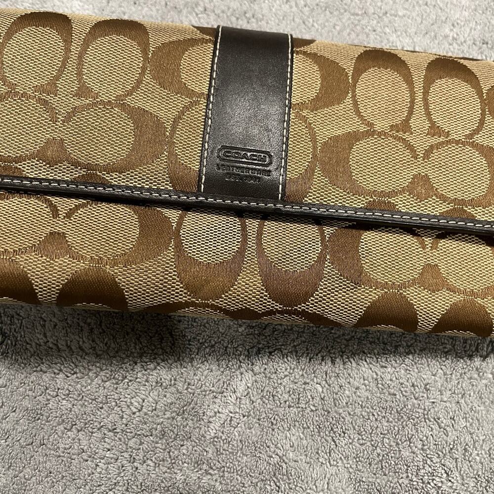 Vintage Coach Signature Trifold Stripe Wallet Check Fold Zippered Side Pocket - Picture 3 of 8